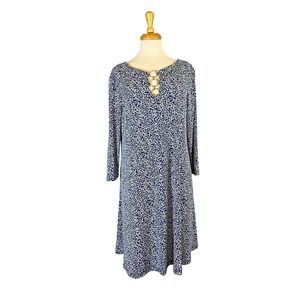 MSK Swing Dress Navy White Print 3 Ring‎ Detail Long Sleeve XL